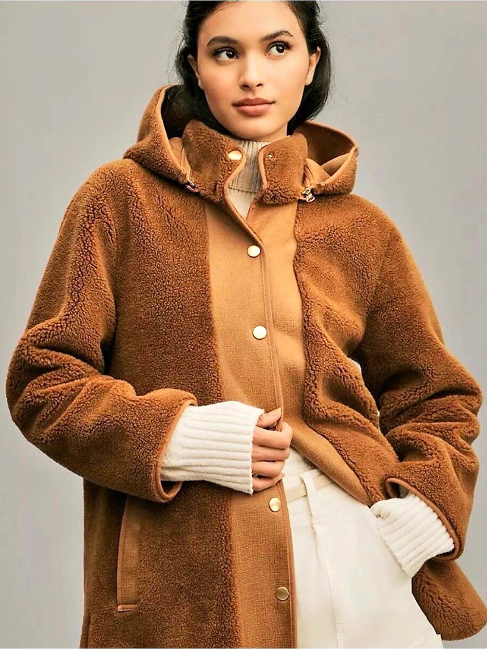 By Anthropologie Long Teddy Brown Hooded Jacket